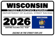 Wisconsin 2026 street racing permit novelty decal with flag artwork