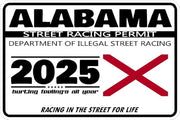 Alabama 2025 street racing permit novelty decal with state flag artwork