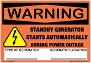 Warning standby generator starts automatically during power outage decal — 10" x 7"