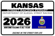 Kansas 2026 street racing permit novelty decal with flag artwork