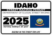 Idaho 2025 street racing permit novelty decal with flag artwork