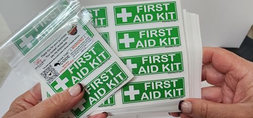 First-Aid Kit Identification Labels, Green, White, Emergency First-Aid Kit Cabinet Sticker, 3M Vinyl, Workplace Safety Medical Kit Decals, Peel and Stick, 3" x 1" (1) 8 Label Pack