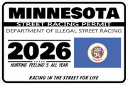 Minnesota 2026 street racing permit novelty decal with flag artwork