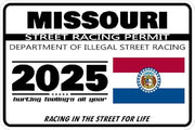Missouri 2025 street racing permit novelty decal with flag artwork