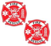 Red and white Fire Rescue Maltese cross decal with firefighting EMS symbols two pack — Standard White 3M 3.2mil