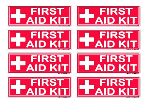 First-Aid Kit Labels, Red, White, Emergency First-Aid Kit Cabinet Sticker, 3M Vinyl, Workplace Safety Medical Kit Decals, Peel and Stick, 3" x 1" | (5) 8 Label Sheets | 40pcs