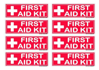 Forty red and white First Aid Kit labels on five sheets