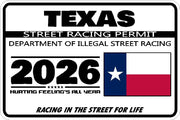 Texas 2026 street racing permit novelty decal with flag artwork