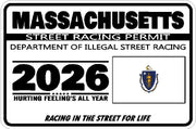 Massachusetts 2026 street racing permit novelty decal with flag artwork