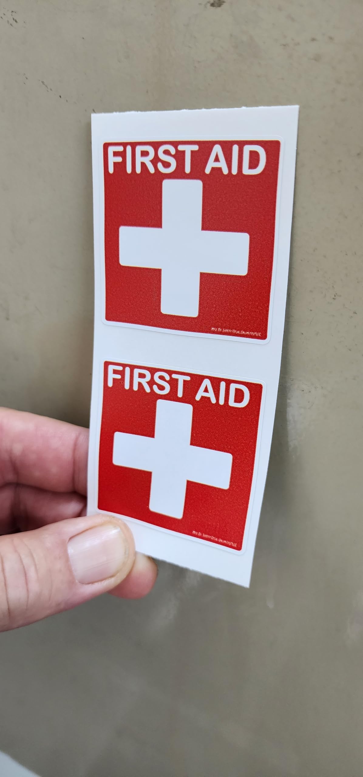 2pk First Aid Kit Cabinet Notice Square Window Label Sticker Decal Peel & Stick Red White Made in USA 2" x 2"