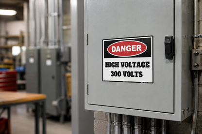 Danger High Voltage 300 Volts safety label installed on electrical panel door in commercial facility