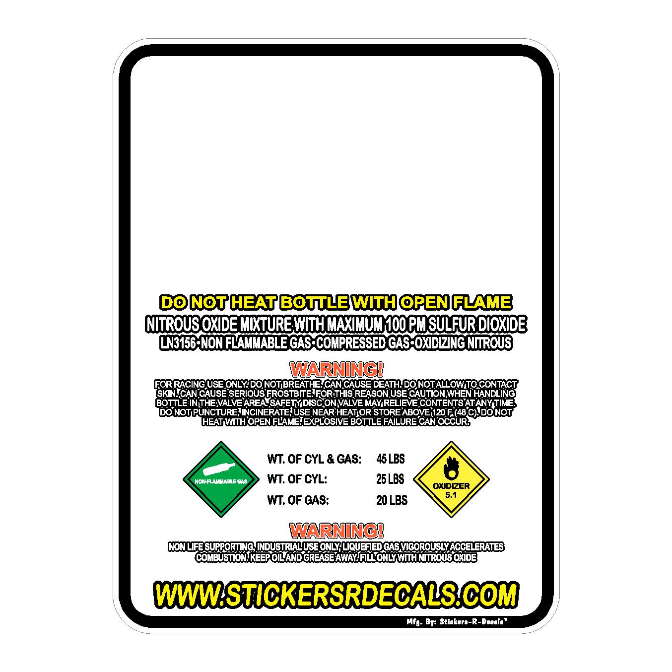 Nitrous Oxide Bottle Refill Label Decal, Racing Nitrous Tank Sticker for 2lb 5lb 10lb 15lb 20lb Cylinders