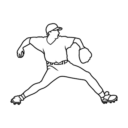 Baseball pitcher in a wide throwing stride with glove, cap and uniform details