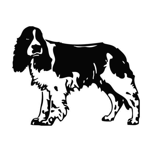 Brittany Spaniel standing in profile with feathered ears and detailed coat markings in single-color vinyl