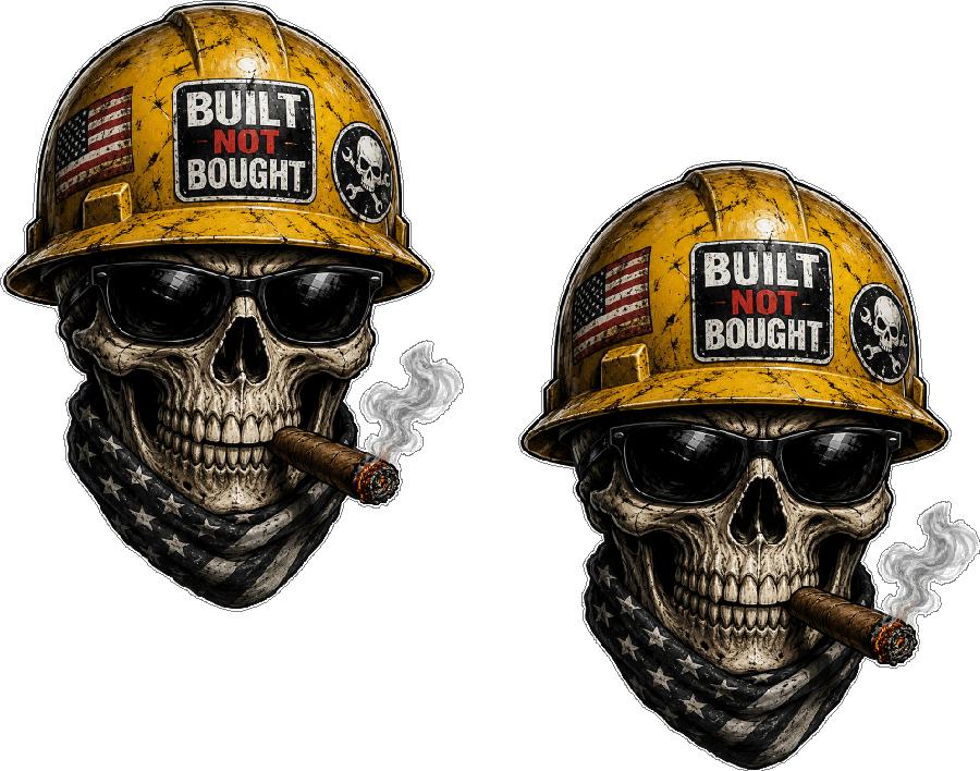Two stickers of skulls wearing hard hats with 'Built Not Bought' and American flag patches.