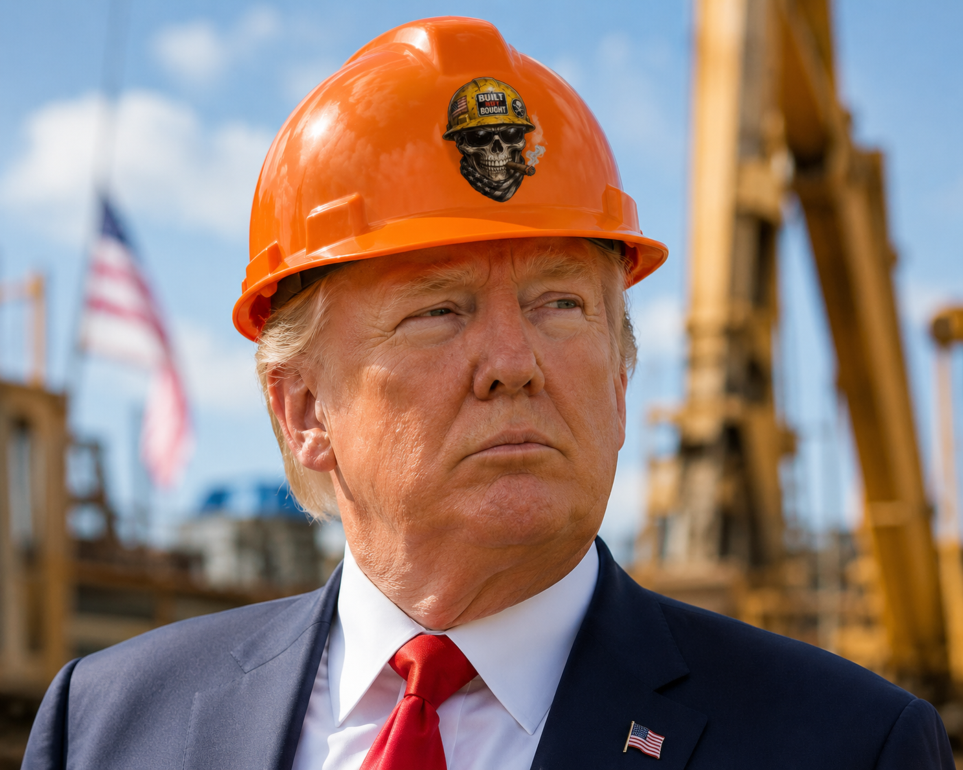 Person wearing an orange hard hat with a skull design, suit, and red tie in front of construction equipment.