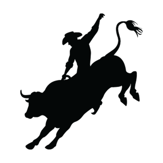 Rodeo rider with one arm raised on a bucking bull in a bold single-color vinyl silhouette