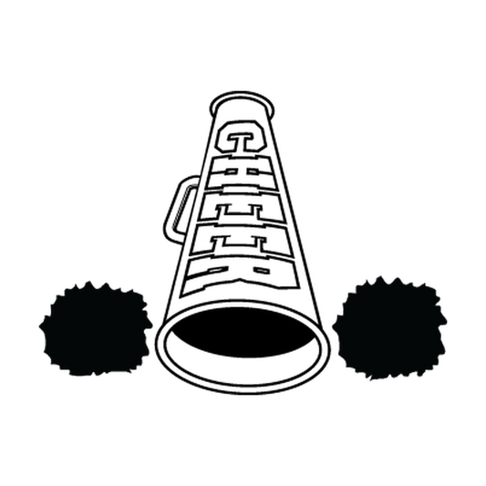 Lace-front cheer megaphone centered between two textured pom-poms