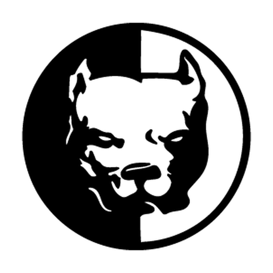 Stern Pit Bull head centered inside a circle divided into solid and open halves