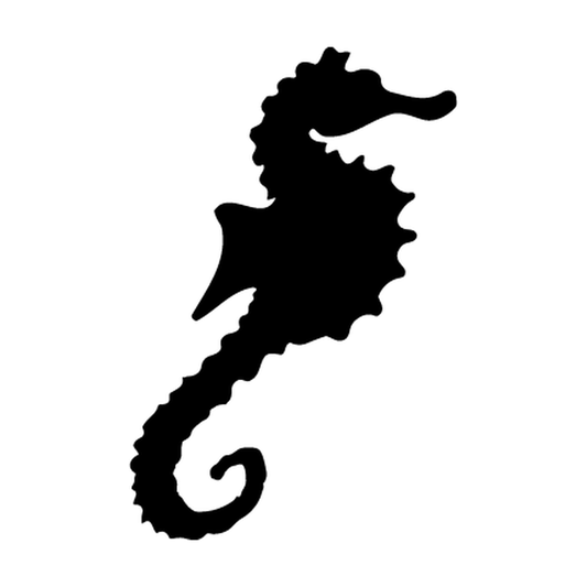 Tall seahorse silhouette with crowned head, ridged body, fin and curled tail