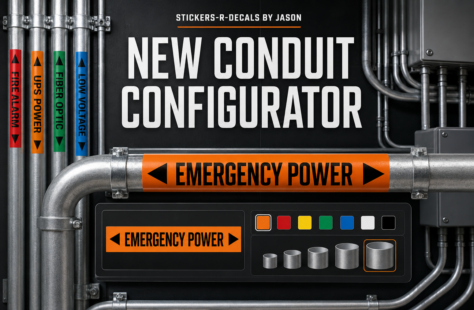 A digital preview of a 'New Conduit Configurator' sticker/decal set by Stickers-R-Decals, featuring a dark industrial theme with metallic pipes and a control panel labeled 'Emergency Power' with color-coded options.
