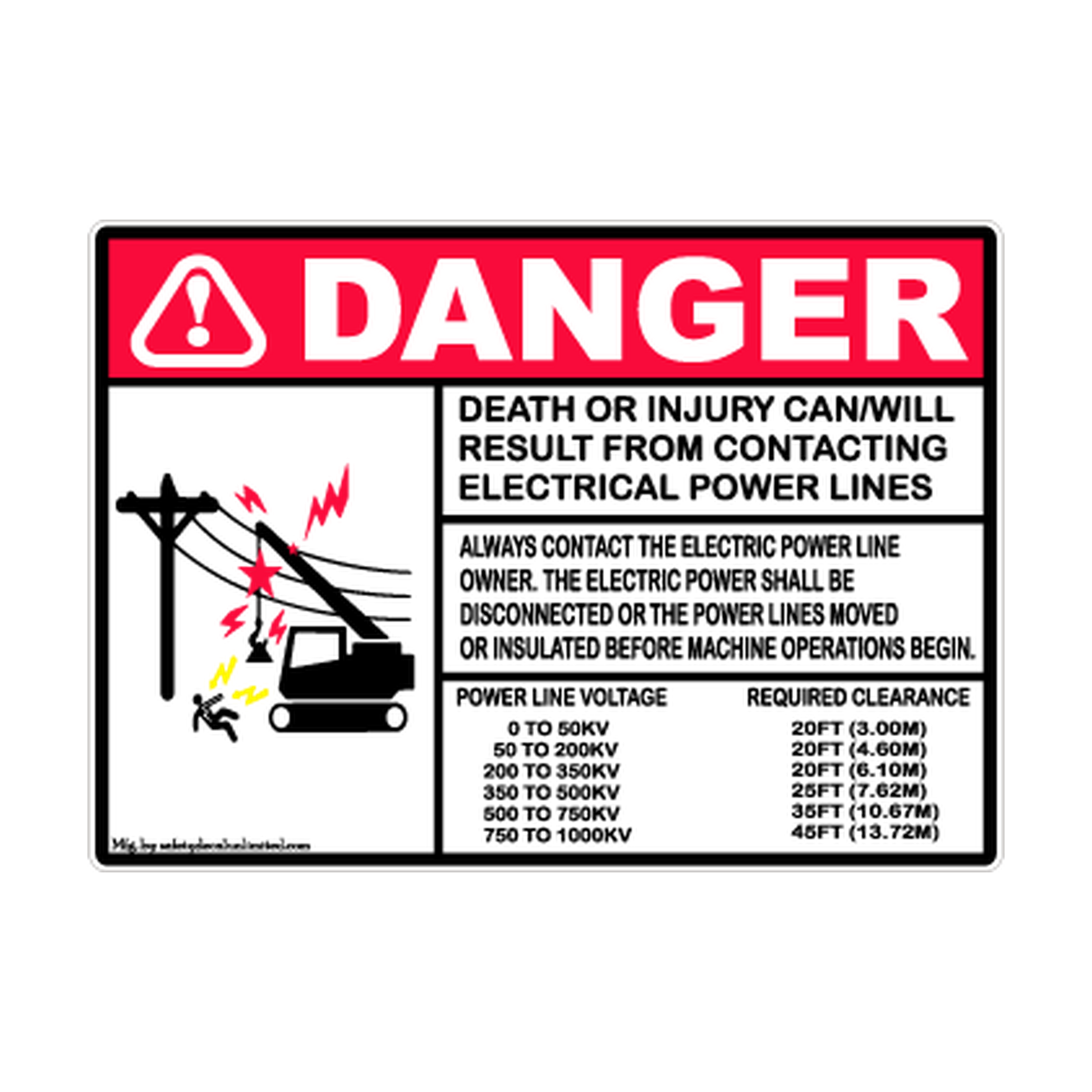 Danger Electrical Power Lines — Required Clearance printed safety decal artwork