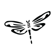 Centered dragonfly outline with four open wings and segmented body in single-color vinyl