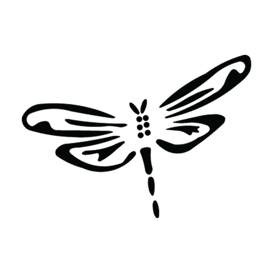 Centered dragonfly outline with four open wings and segmented body in single-color vinyl