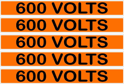 Five orange rectangular labels with '600 VOLTS' text in black.
