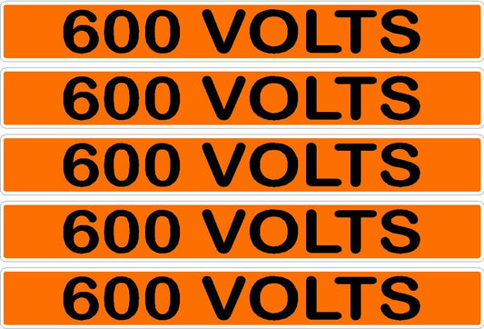 Five orange rectangular labels with '600 VOLTS' text in black.