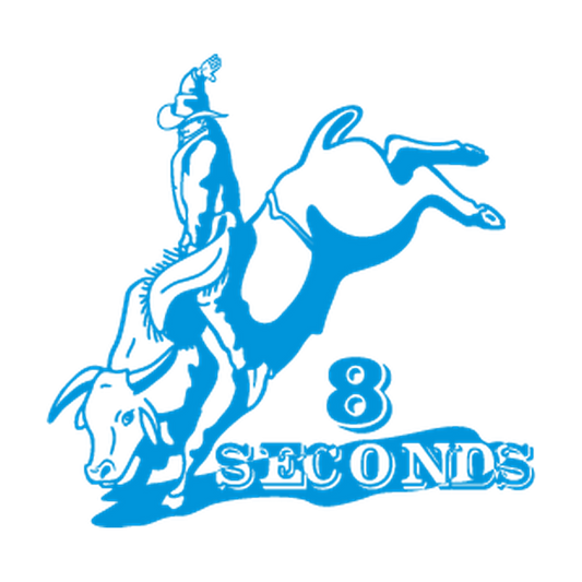 Rodeo cowboy riding a bucking bull above the words 8 Seconds