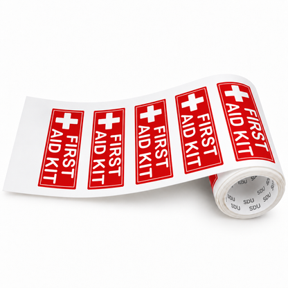 Red/White First Aid Kit Decals, 3 x 1 in — 44-Label Roll