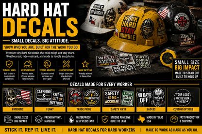 Hard hat decals with various designs and text on a black background