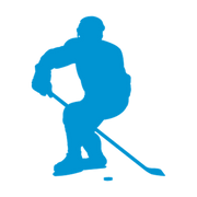 Crouched hockey player guiding a puck with a long diagonal stick