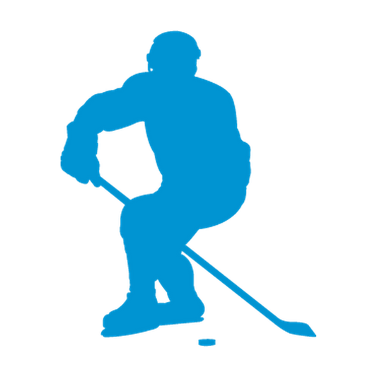 Crouched hockey player guiding a puck with a long diagonal stick
