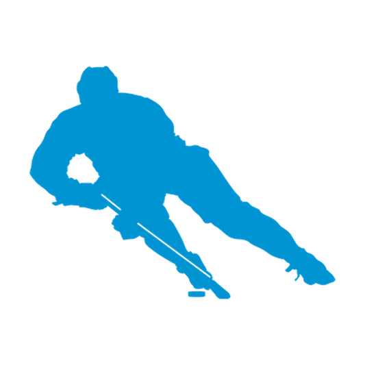 Hockey player leaning sharply through a hard skating turn with puck