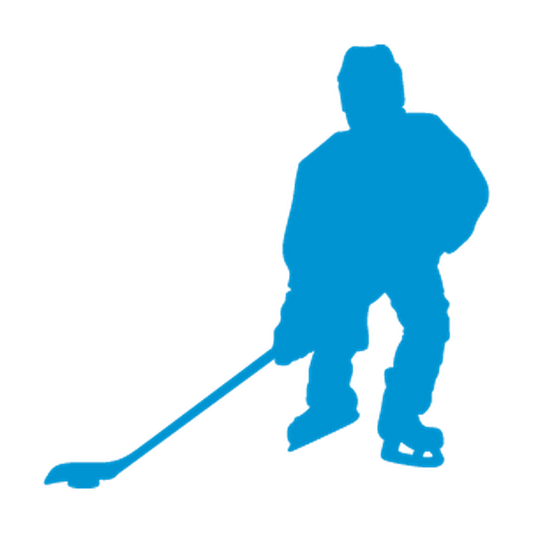 Hockey player standing ready with knees bent and stick blade on the ice