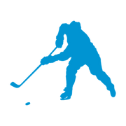 Hockey player in a wide slap-shot stance with blade extended to the puck