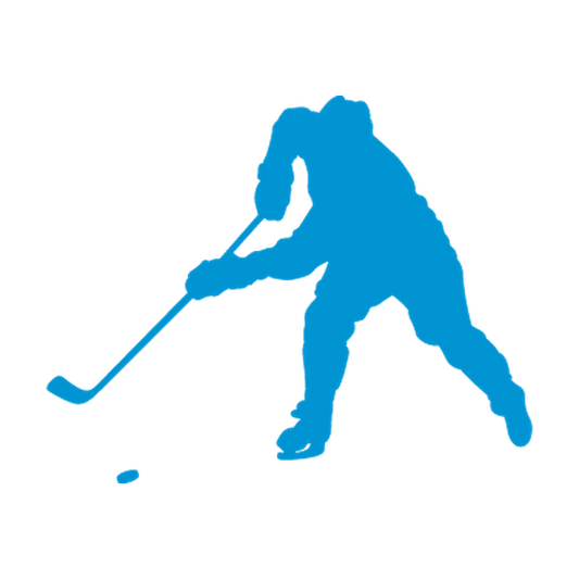 Hockey player in a wide slap-shot stance with blade extended to the puck