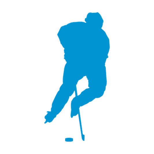 Hockey player sprinting upright with stick low and puck ahead