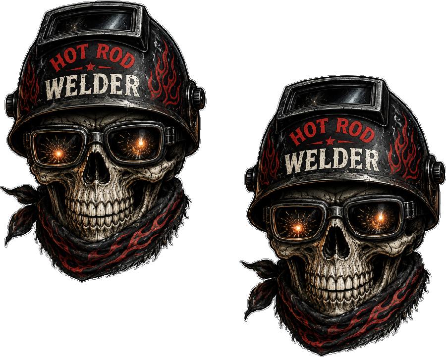 Hot Rod Welder Skull Decal Sticker 2-Pack, 3" x 2.20", Welding Helmet Skull Graphic, Welder Hard Hat Sticker, Tool Box Decal, Made in Texas