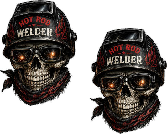 Hot Rod Welder Skull Decal Sticker 2-Pack, 3" x 2.20", Welding Helmet Skull Graphic, Welder Hard Hat Sticker, Tool Box Decal, Made in Texas