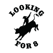 Bucking bull and rider silhouette between the western words Looking For 8