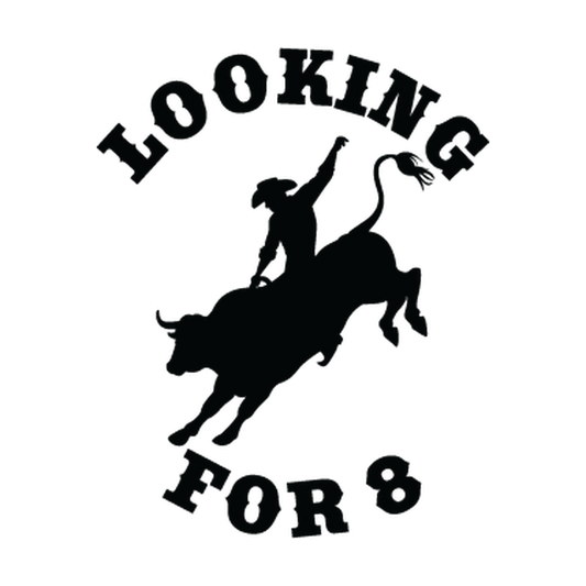 Bucking bull and rider silhouette between the western words Looking For 8