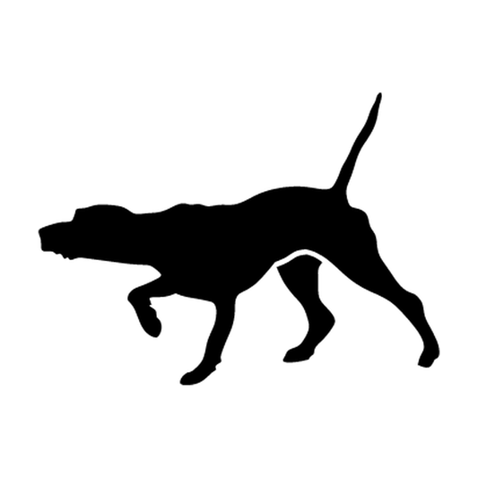 Hunting Pointer dog silhouette with raised tail, extended nose and lifted front leg