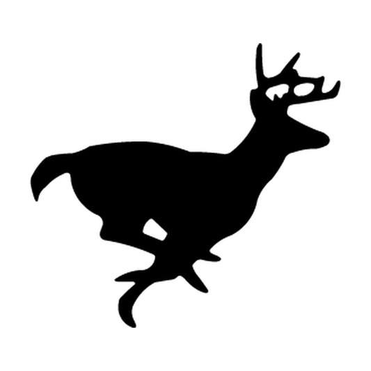 Running buck deer silhouette in side profile with raised antlers and extended legs