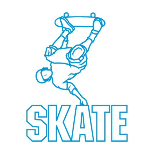 Inverted skateboarder handplant above large outlined SKATE lettering