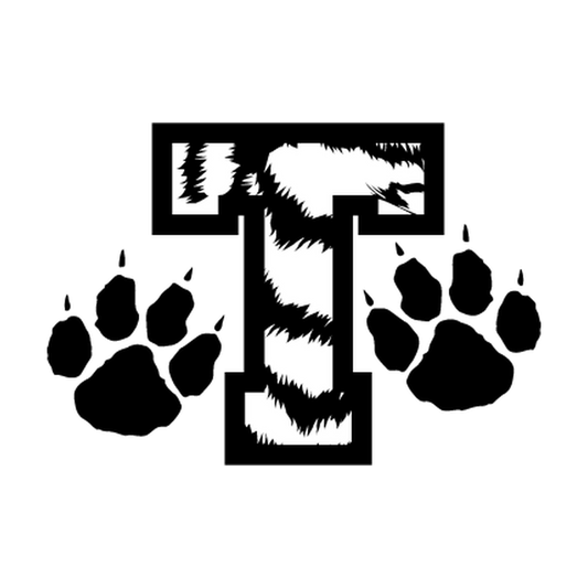 Block letter T with tiger-stripe cutouts and two flanking paw prints in single-color vinyl