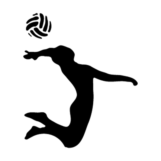 Airborne volleyball player reaching to spike a separate paneled ball