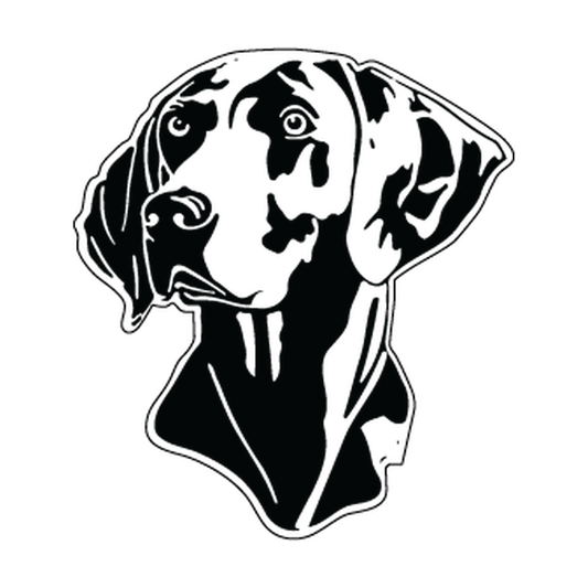 Forward-facing Weimaraner dog head with long folded ears, alert eyes and long muzzle in single-color vinyl